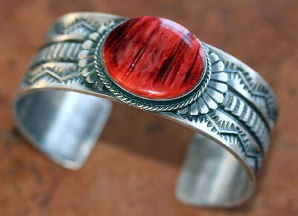 Navajo Sterling Silver Coral Bracelet by Sunshine Reeves