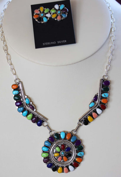 Navajo Multi_Stone Cluster Necklace Earrings Set by Juliana Williams
