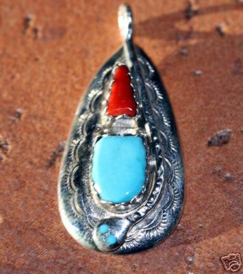 Zuni Indian Silver Turquoise Coral Pendant by Effie C