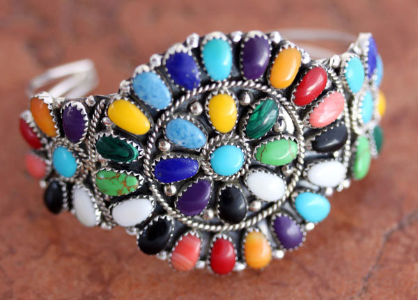 Navajo Silver Multi_Stone Cluster Bracelet by J Williams