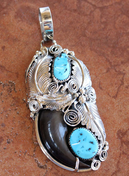 Large Navajo Sterling Turquoise Pendant by M Thomas Jr