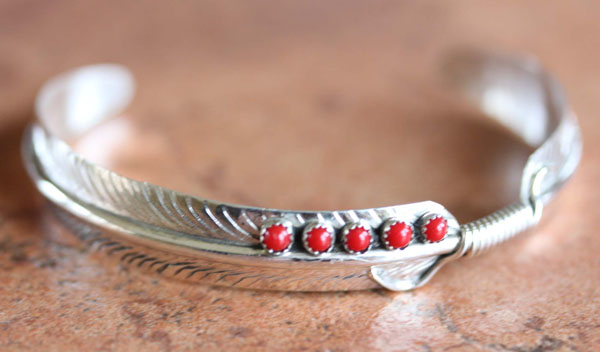 Navajo Sterling Silver Coral Feather Bracelet