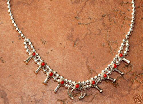 Navajo Indian Coral Squash Blossom Choker Necklace