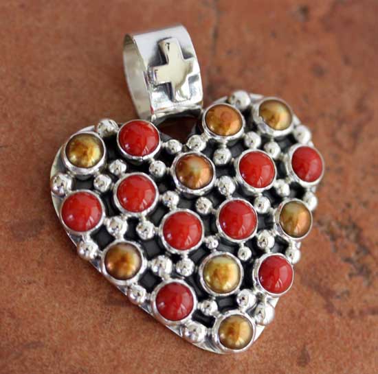 Nakai Navajo Silver Pearl Coral Heart Pendant
