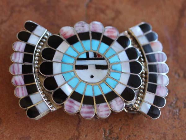 Zuni Silver Multi_Stone Inlay Sunface Belt Buckle