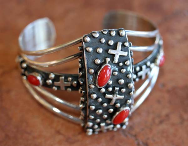 Navajo Silver Coral Bracelet by L James