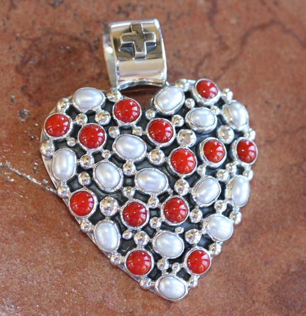 Nakai Navajo Silver Pearl Coral Heart Pendant