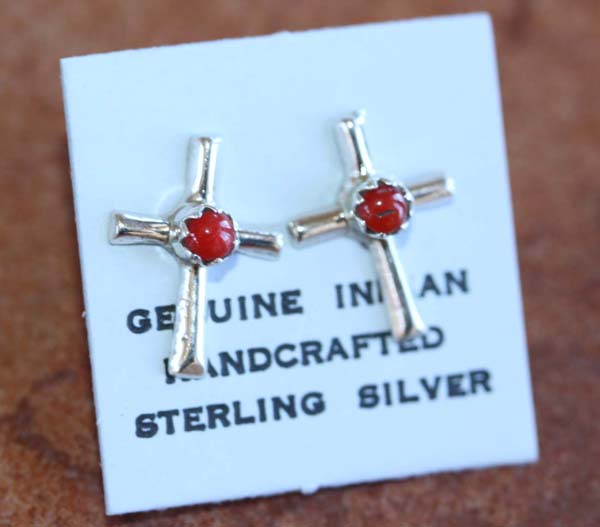 Navajo Sterling Silver Coral Cross Earrings