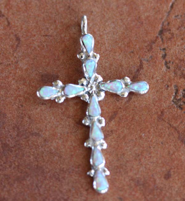 Navajo Sterling Silver Created Opal Cross Pendant