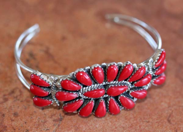 Navajo  Silver Coral Cluster Bracelet