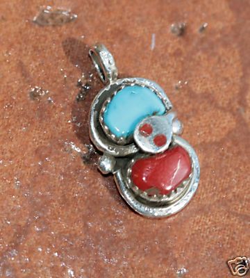 Zuni Indian Silver Turquoise Coral Pendant by Effie C