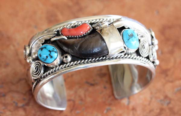 Navajo Turquosie Coral Bear Claw Bracelet