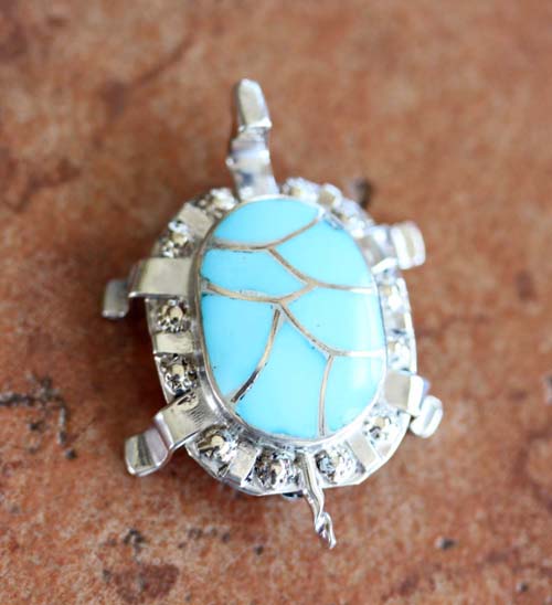 Zuni Sterling Silver Turquoise Turtle Pin/Pendant