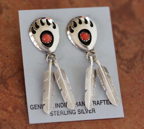 Navajo Coral Bear Paw Earrings