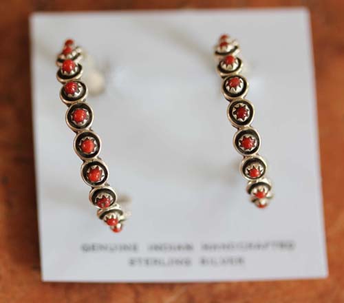 Navajo Sterling Silver Coral Hoop Earrings