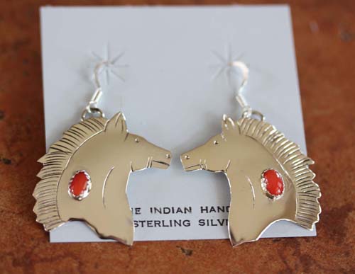 Navajo Sterling Silver Coral Horse Earrings