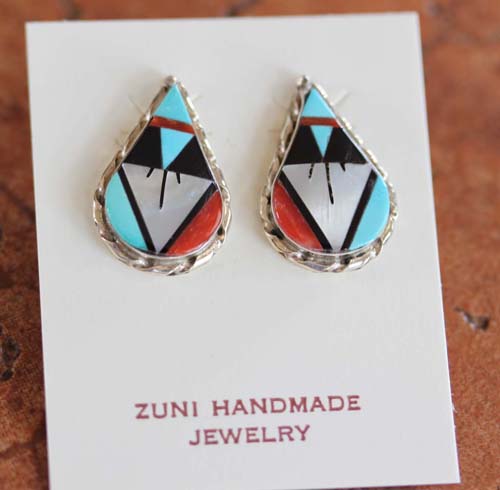 Zuni Native American Silver Multi_Stone Earrings
