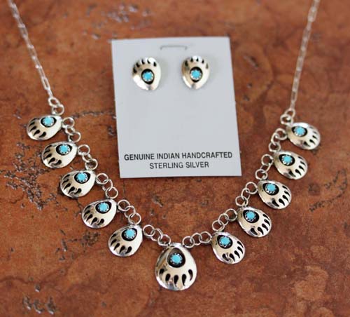 Navajo Turquoise Bear Paw Necklace and Earrings Set