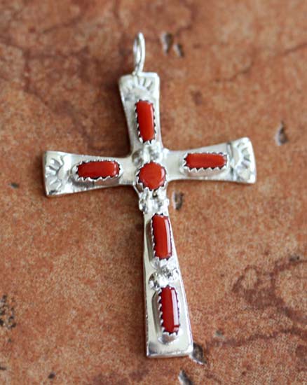 Navajo Coral Cross Pendant by C IULE